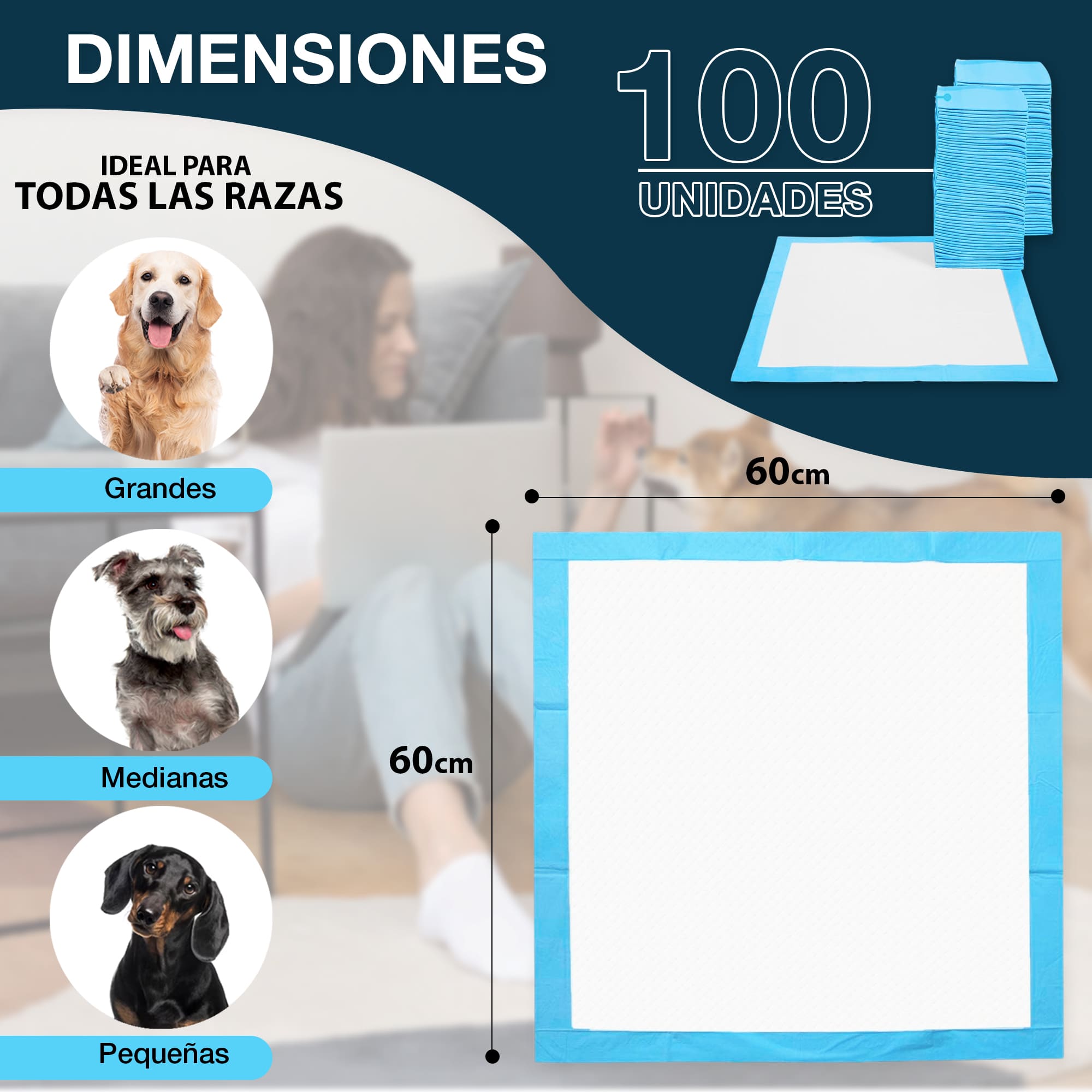 Empapadores para perros CIVINZON medidas 60x60 cm 100 Unidades máxima absorción